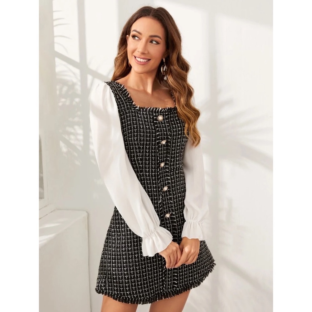 Audrey Flounce Sleeve Raw Cut Plaid Tweed 2 In 1 Dress - Picture 2 of 6